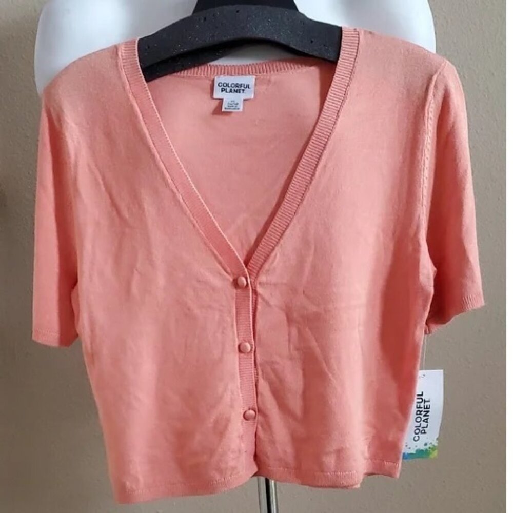Girls Colorful Planet Sherbet Short Sleeve Cardigan Sweater Size 12 14/16 NWT